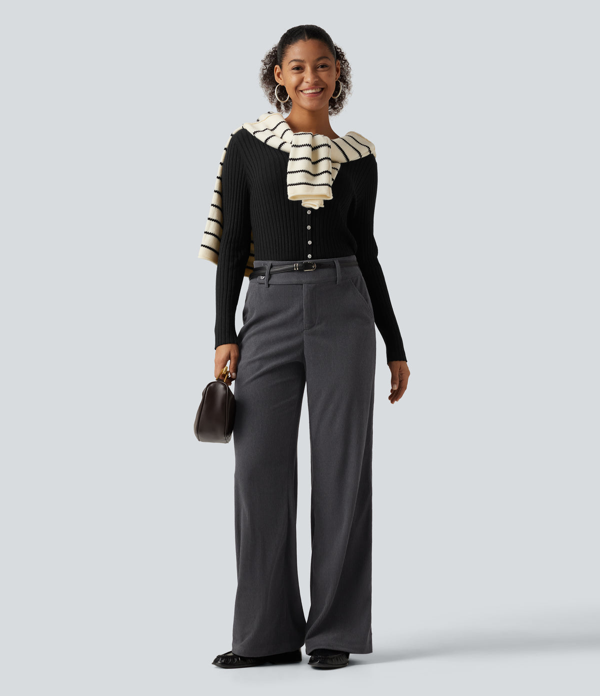 Mid Rise Corduroy Bootcut Casual Trousers with Pockets — Phantom — view 6