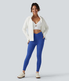 High Waisted Crossover Fleece Yoga Leggings with Pockets — Beaucoup Blue — view 8