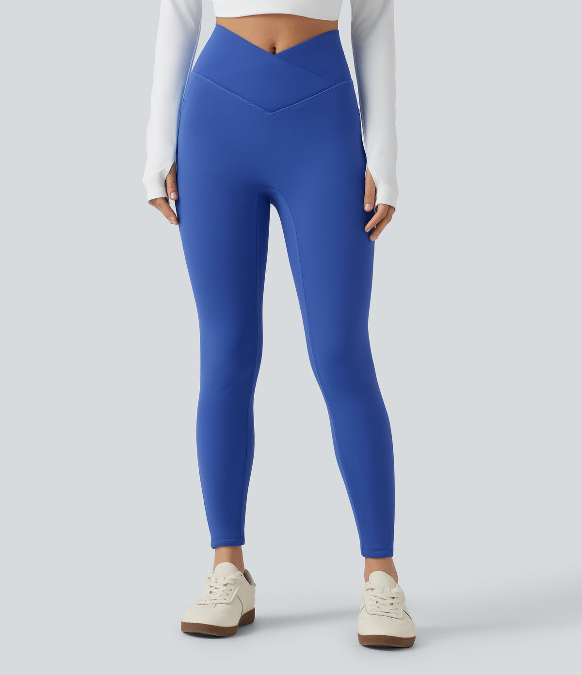 High Waisted Crossover Fleece Yoga Leggings with Pockets — Beaucoup Blue — view 3
