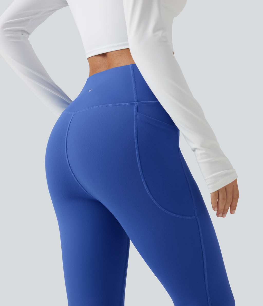 High Waisted Crossover Fleece Yoga Leggings with Pockets — Beaucoup Blue — view 6