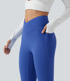 High Waisted Crossover Fleece Yoga Leggings with Pockets — Beaucoup Blue — view 5