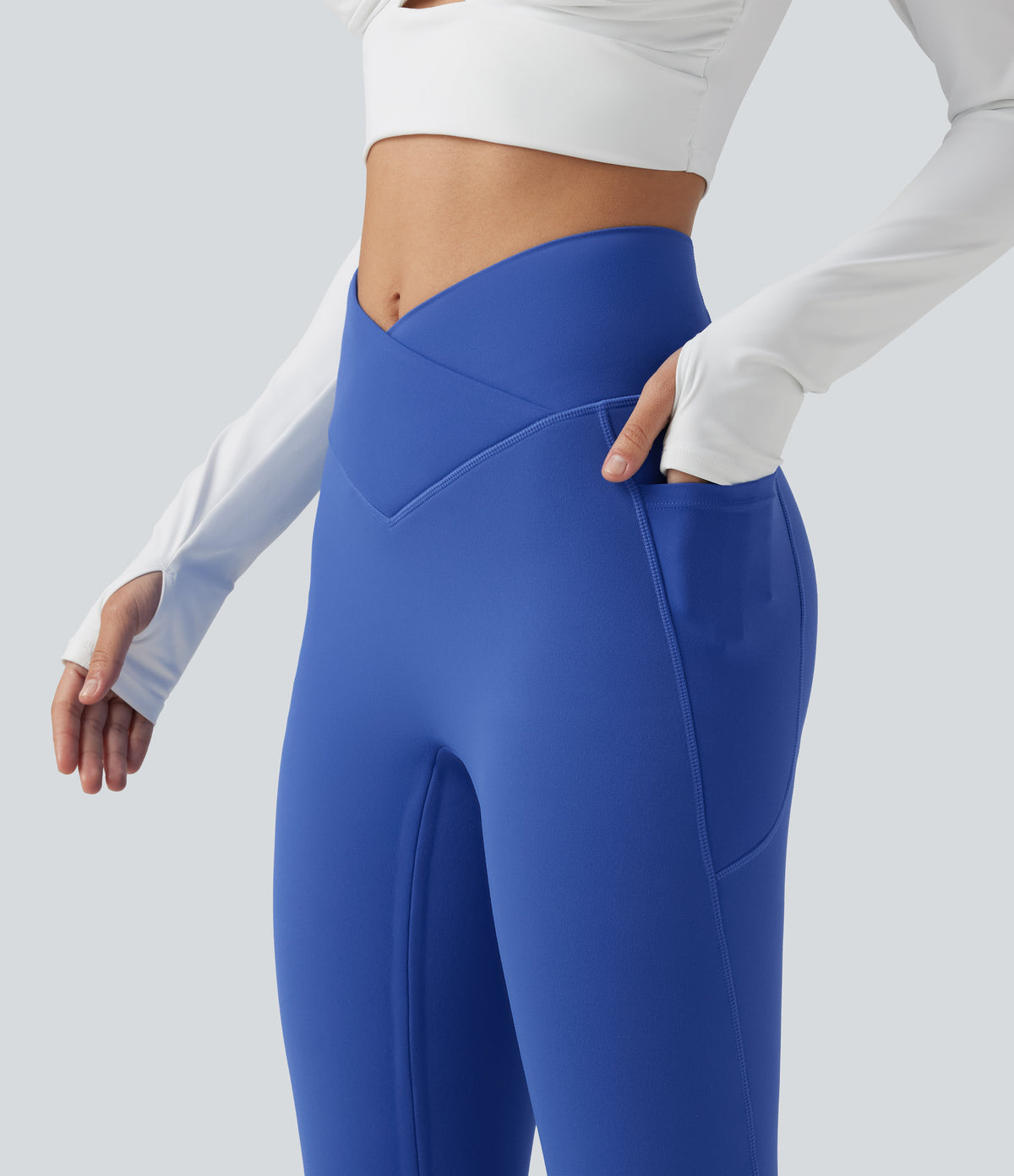 High Waisted Crossover Fleece Yoga Leggings with Pockets — Beaucoup Blue — view 5