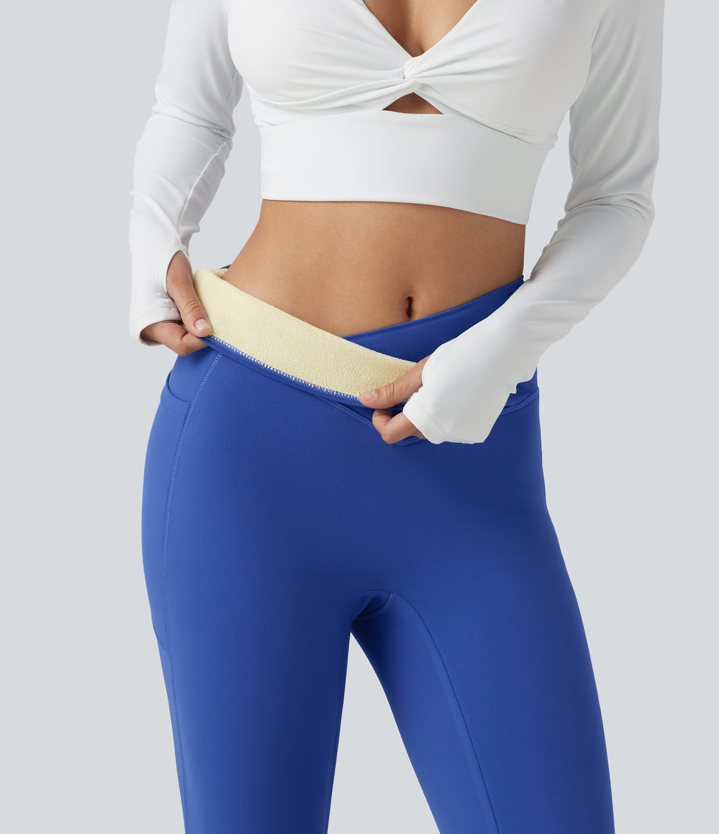 High Waisted Crossover Fleece Yoga Leggings with Pockets — Beaucoup Blue — view 4