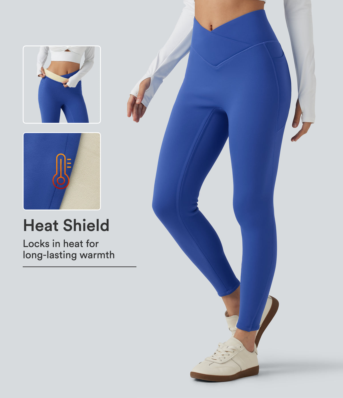 High Waisted Crossover Fleece Yoga Leggings with Pockets — Beaucoup Blue — view 1