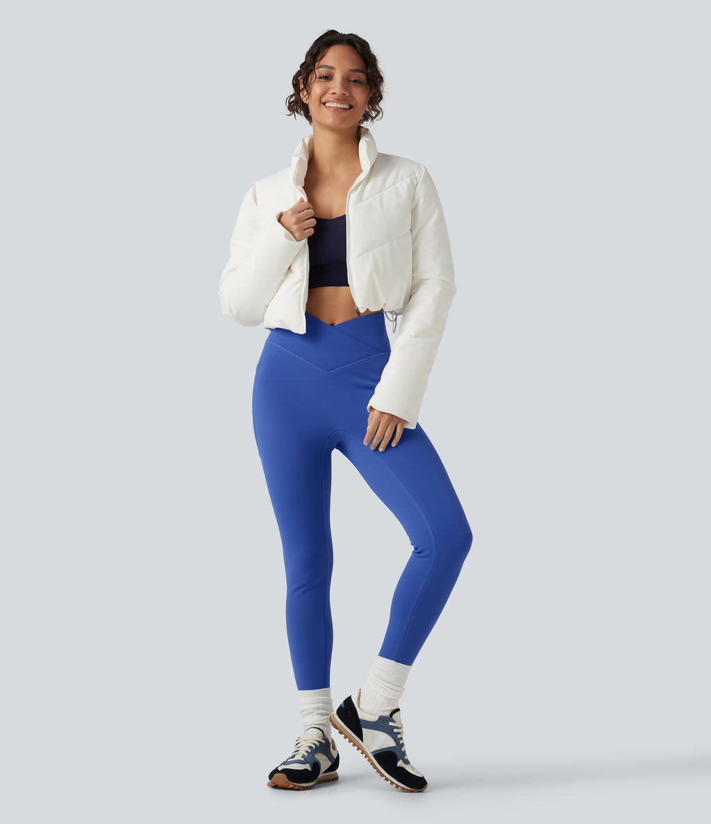 High Waisted Crossover Fleece Yoga Leggings with Pockets — Beaucoup Blue — view 7