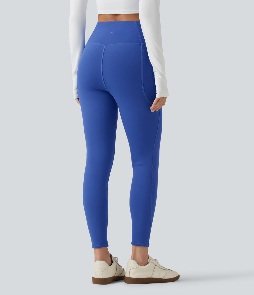 High Waisted Crossover Fleece Yoga Leggings with Pockets — Beaucoup Blue — view 2