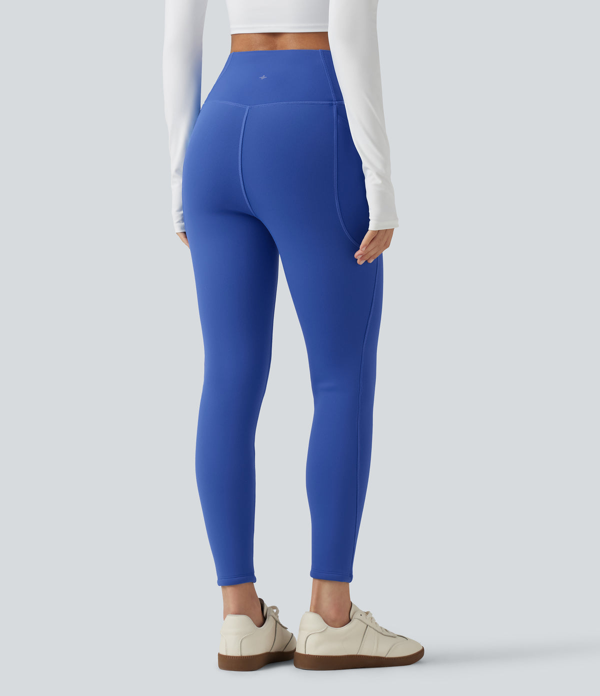 High Waisted Crossover Fleece Yoga Leggings with Pockets — Beaucoup Blue — view 2
