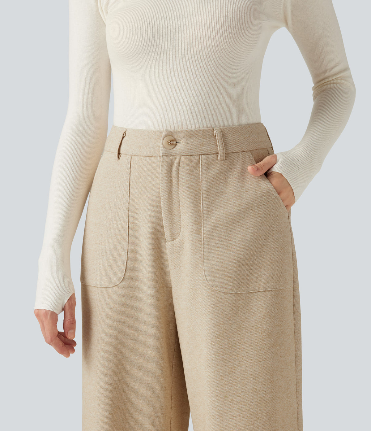 High Waisted Wide Leg Work Trousers with Pockets — Wood Ash — view 4