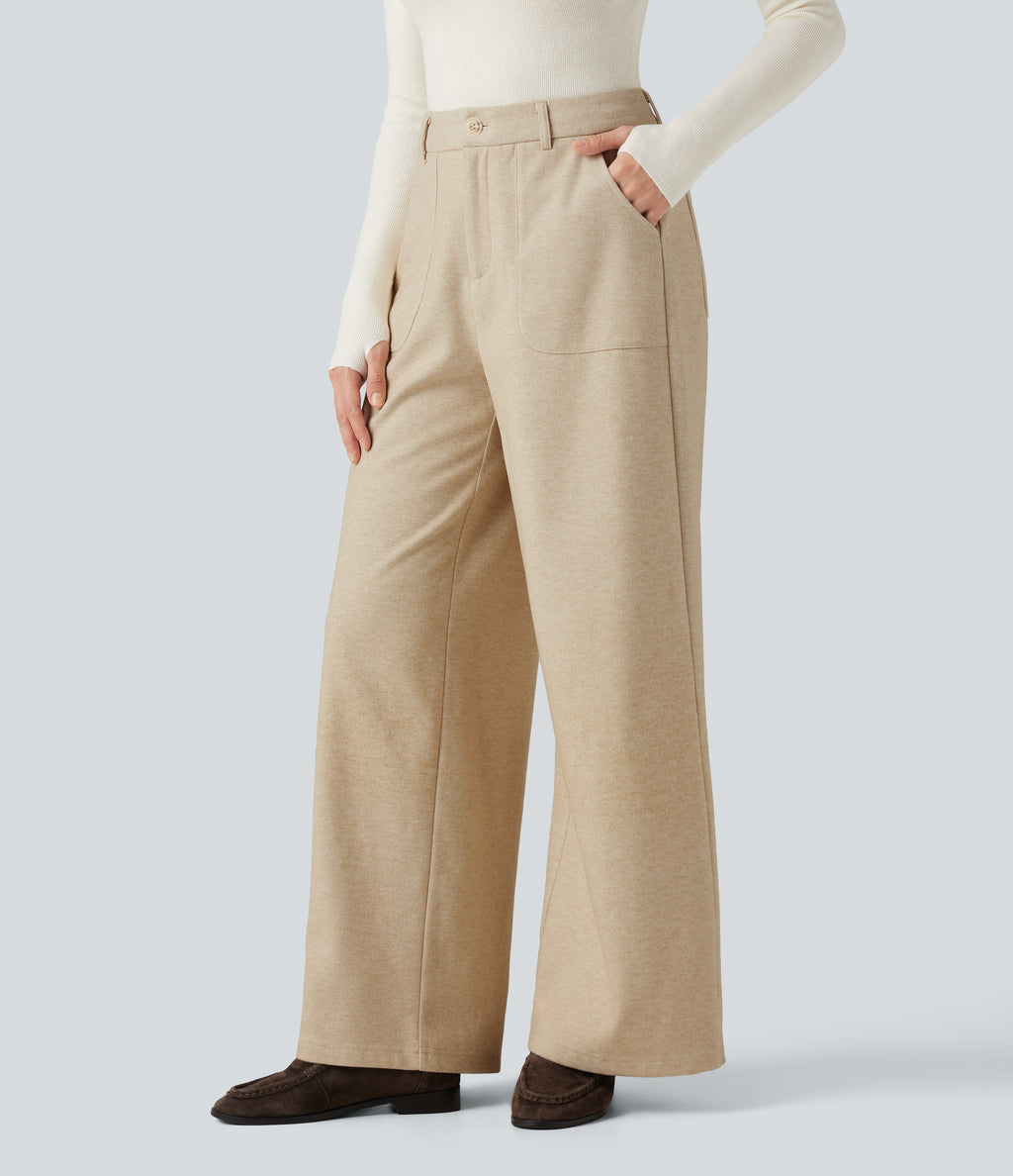 High Waisted Wide Leg Work Trousers with Pockets — Wood Ash — view 3