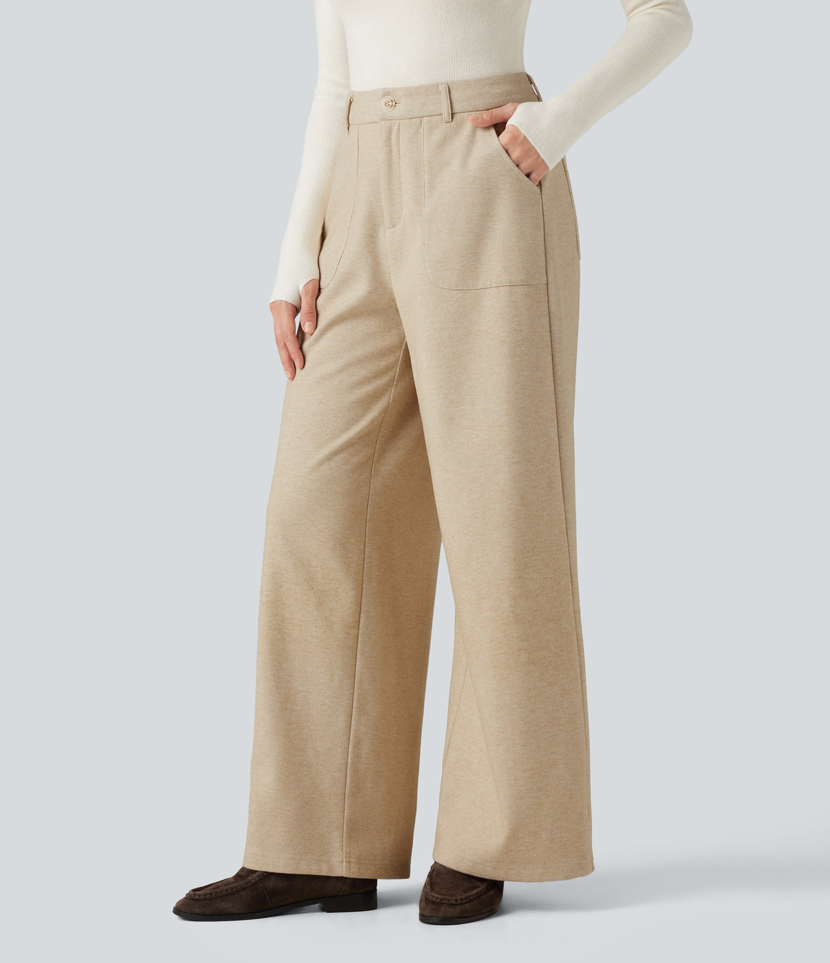 High Waisted Wide Leg Work Trousers with Pockets — Wood Ash — view 3