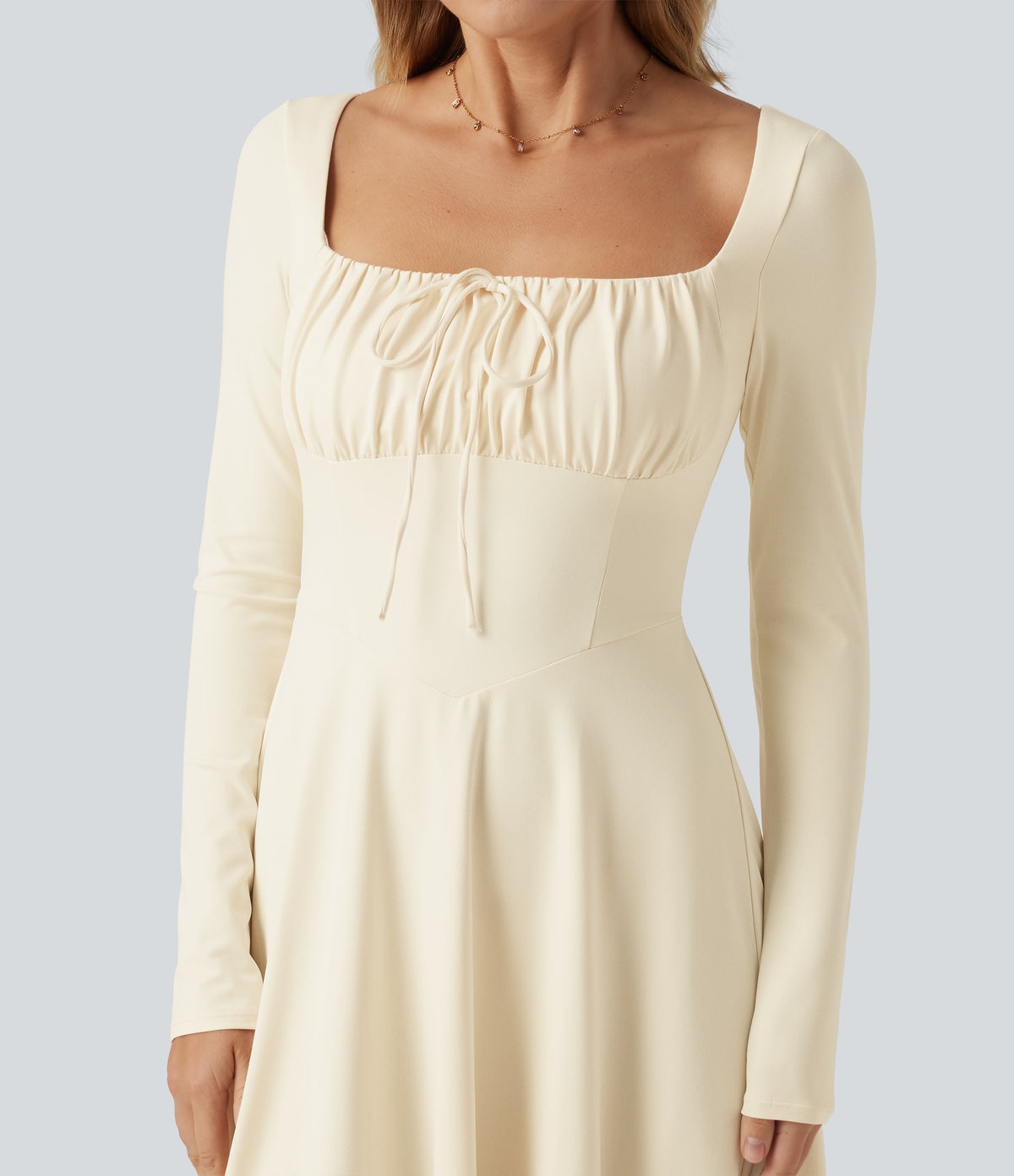 Square Neck Long Sleeve Built-In Bra A-Line Milkmaid Midi Dress — Vague Yellow — view 5