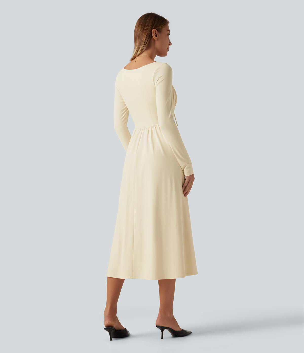 Square Neck Long Sleeve Built-In Bra A-Line Milkmaid Midi Dress — Vague Yellow — view 2