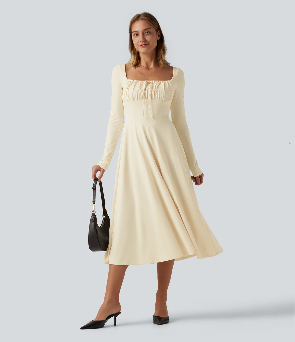Square Neck Long Sleeve Built-In Bra A-Line Milkmaid Midi Dress — Vague Yellow — view 4