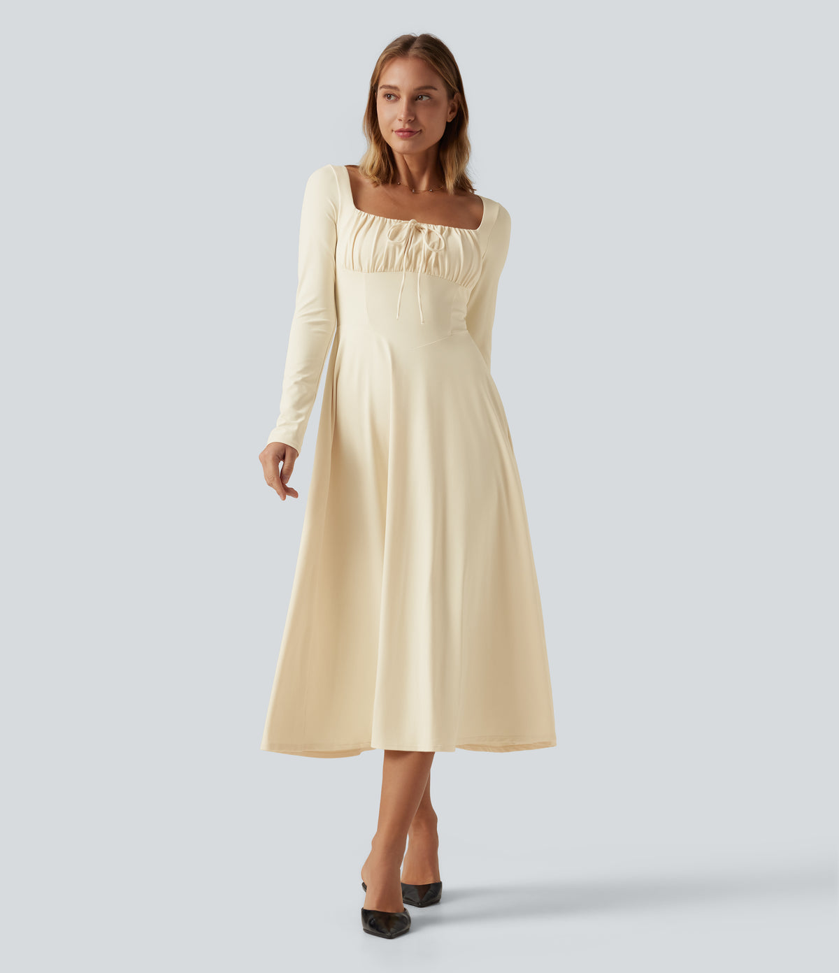 Square Neck Long Sleeve Built-In Bra A-Line Milkmaid Midi Dress — Vague Yellow — view 1