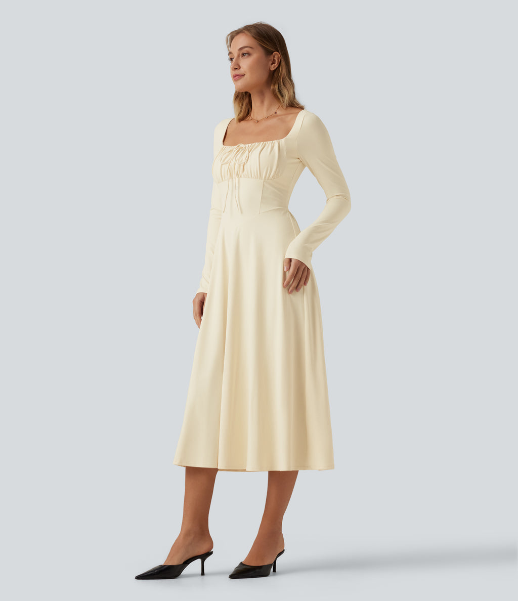 Square Neck Long Sleeve Built-In Bra A-Line Milkmaid Midi Dress — Vague Yellow — view 3