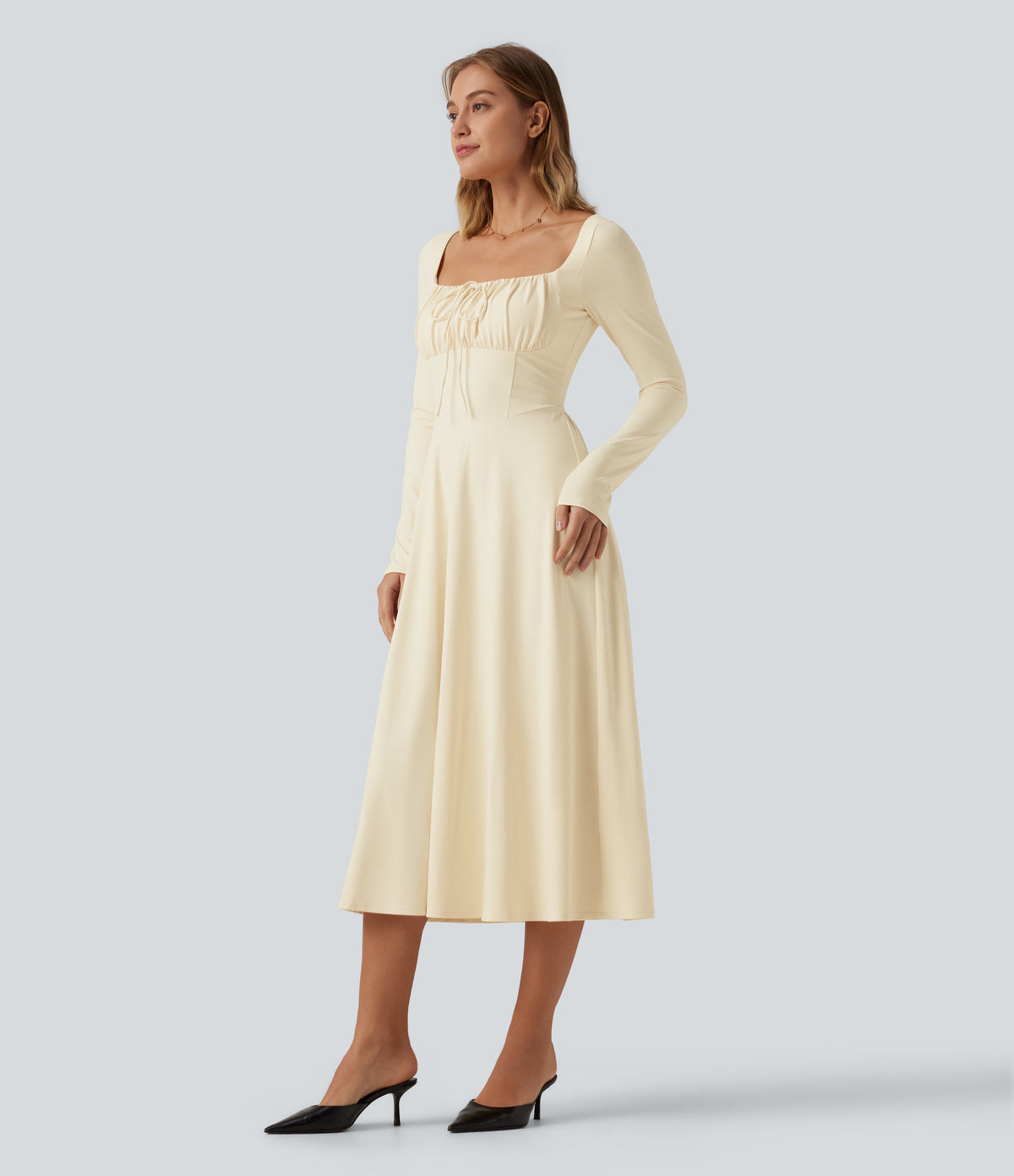 Square Neck Long Sleeve Built-In Bra A-Line Milkmaid Midi Dress — Vague Yellow — view 3