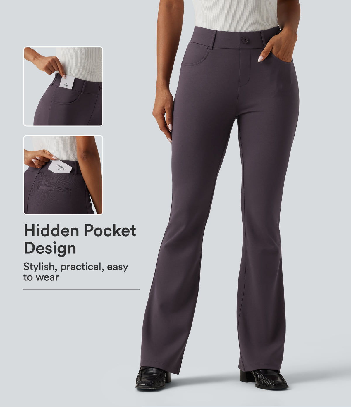Mid Rise Bootcut Work Trousers with Pockets — Night's Purple — view 1