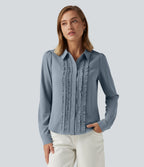 Open Front Puff Long Sleeve Curved Hem Casual Blouse — Mountain Spring — view 4
