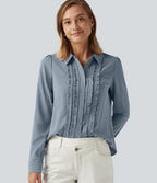 Open Front Puff Long Sleeve Curved Hem Casual Blouse — Mountain Spring — view 1