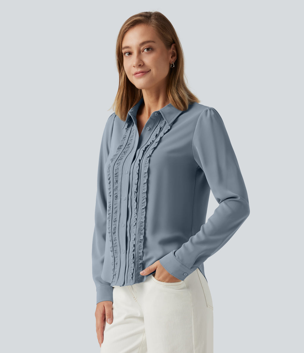 Open Front Puff Long Sleeve Curved Hem Casual Blouse — Mountain Spring — view 5