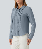 Open Front Puff Long Sleeve Curved Hem Casual Blouse — Mountain Spring — view 3