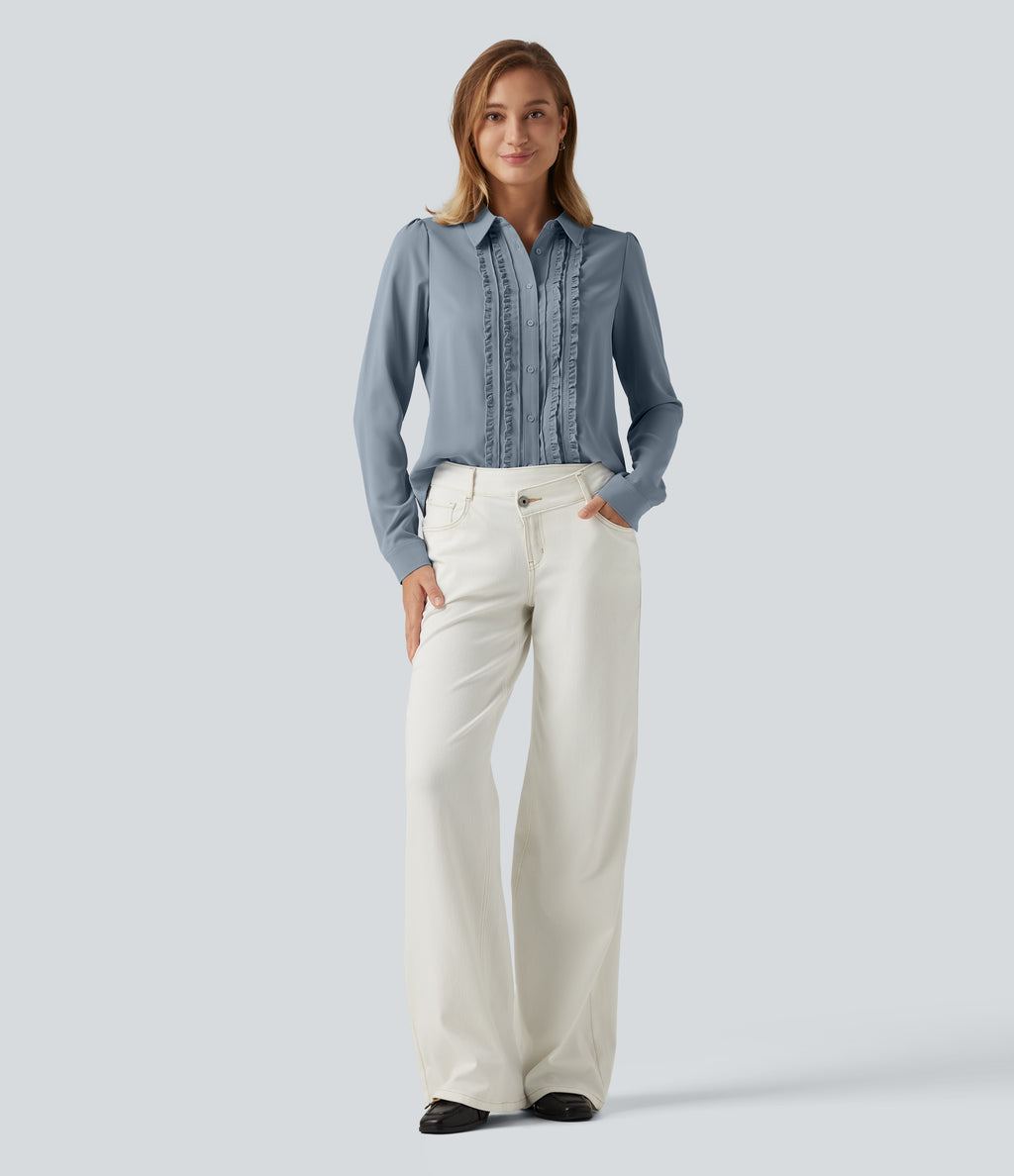 Open Front Puff Long Sleeve Curved Hem Casual Blouse — Mountain Spring — view 6