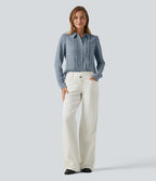 Open Front Puff Long Sleeve Curved Hem Casual Blouse — Mountain Spring — view 6