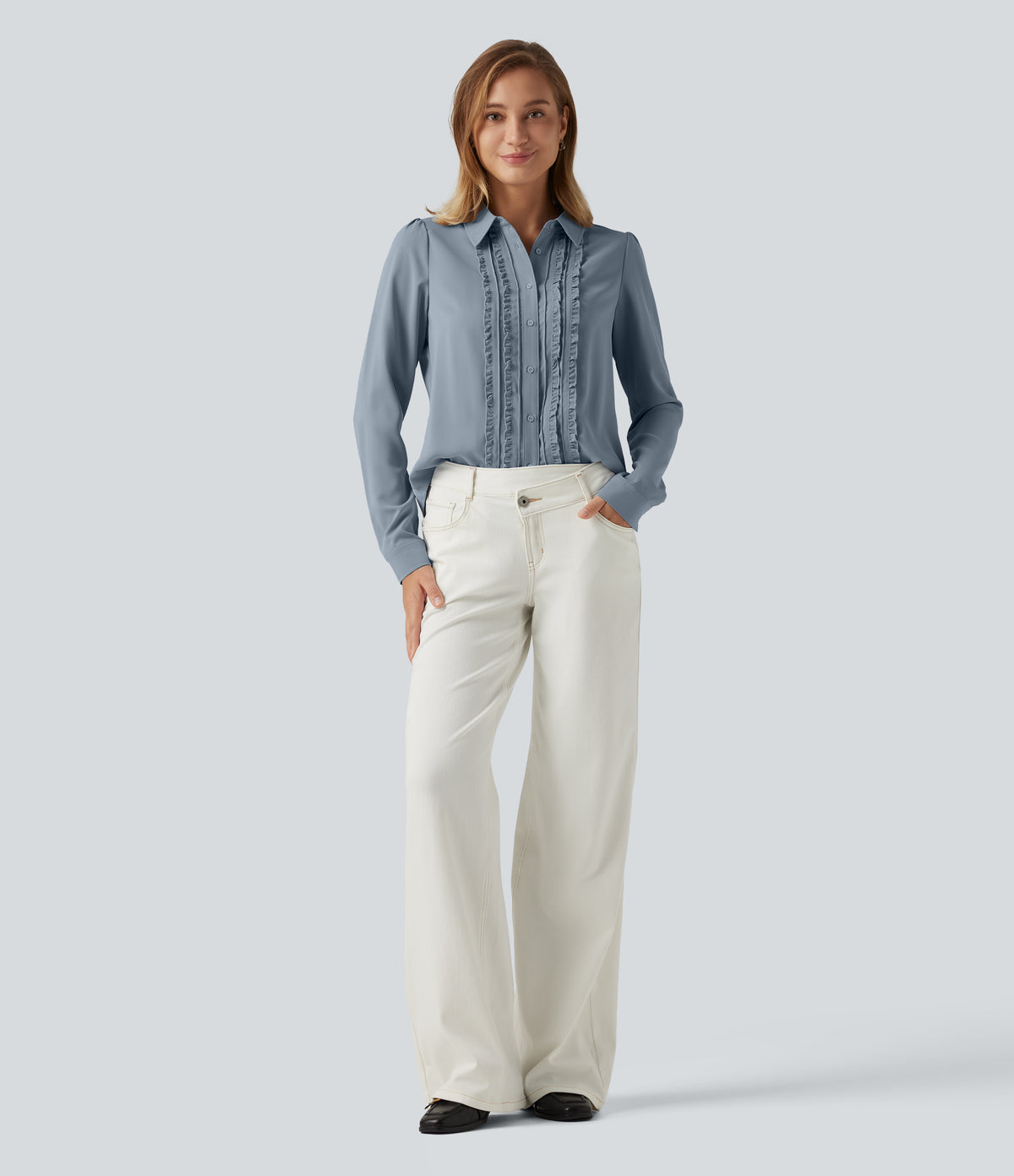 Open Front Puff Long Sleeve Curved Hem Casual Blouse — Mountain Spring — view 6
