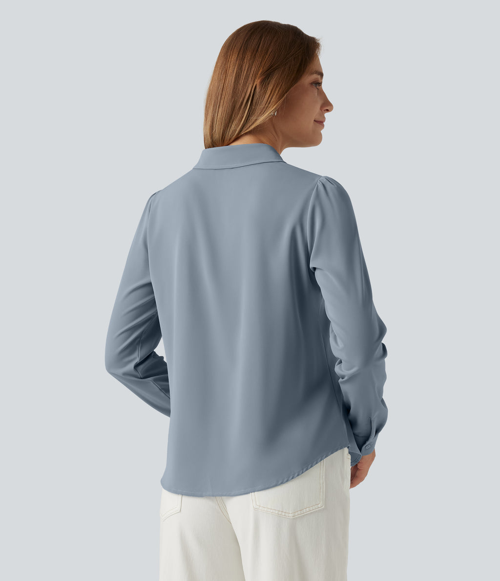 Open Front Puff Long Sleeve Curved Hem Casual Blouse — Mountain Spring — view 2