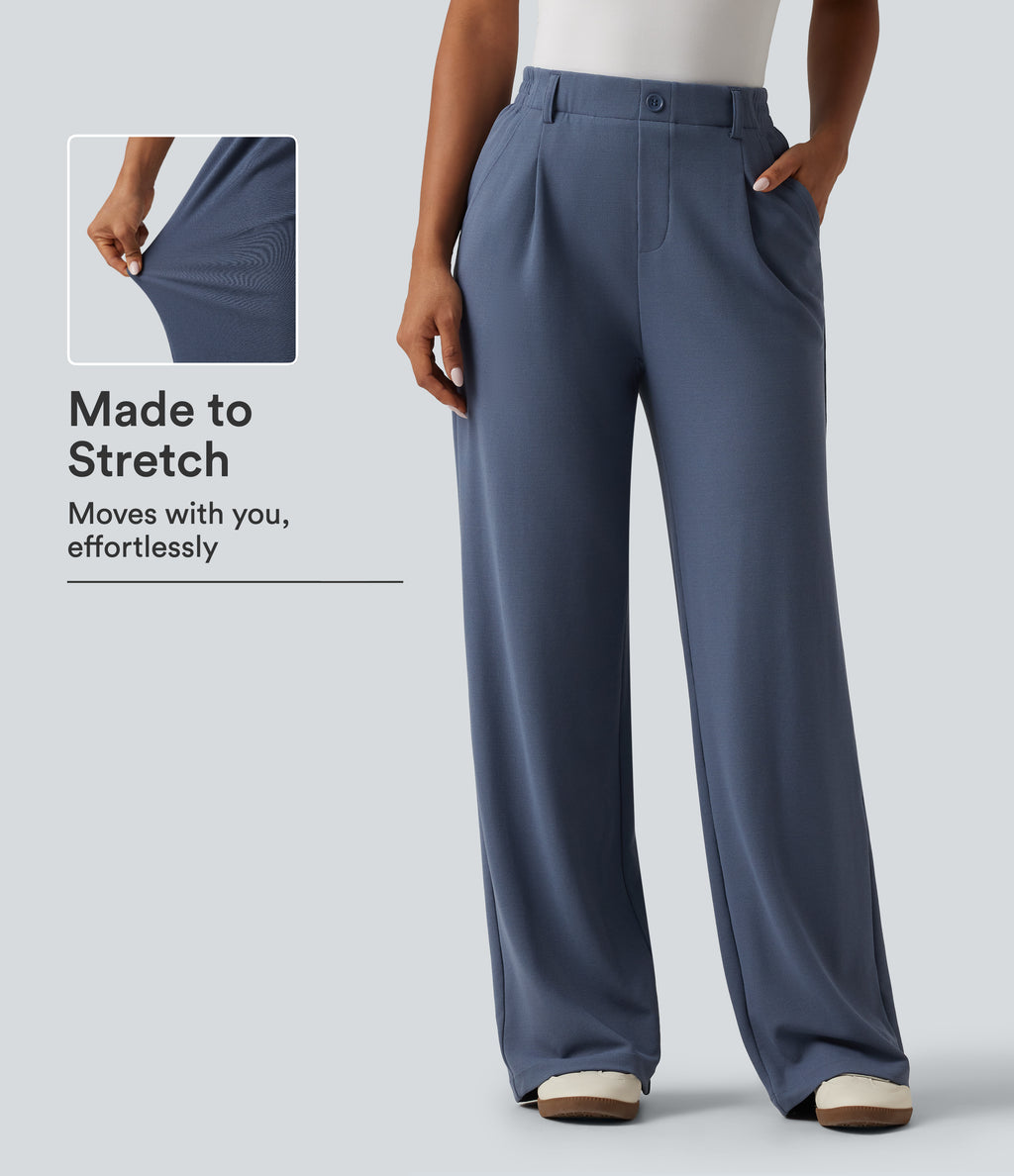 High Waisted Wide Leg Waffle Work Trousers with Pockets — Grisaille — view 1