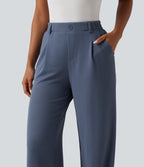 High Waisted Wide Leg Waffle Work Trousers with Pockets — Grisaille — view 6