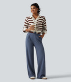 High Waisted Wide Leg Waffle Work Trousers with Pockets — Grisaille — view 8