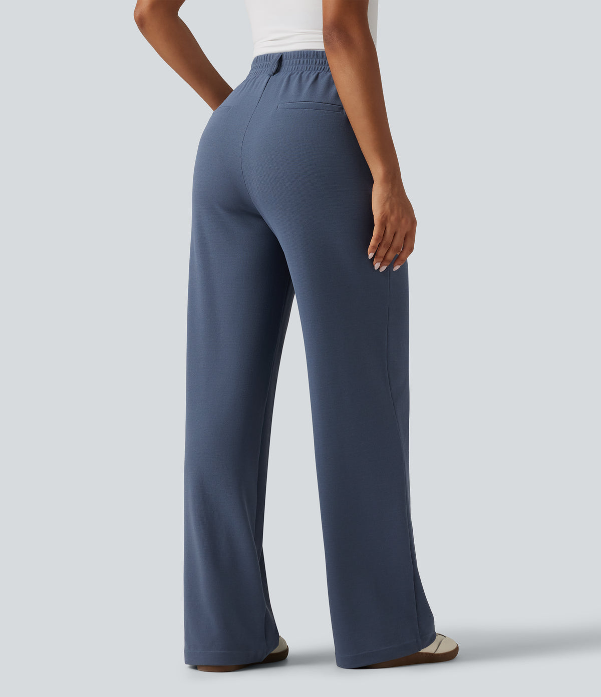 High Waisted Wide Leg Waffle Work Trousers with Pockets — Grisaille — view 2