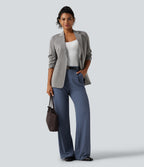 High Waisted Wide Leg Waffle Work Trousers with Pockets — Grisaille — view 4