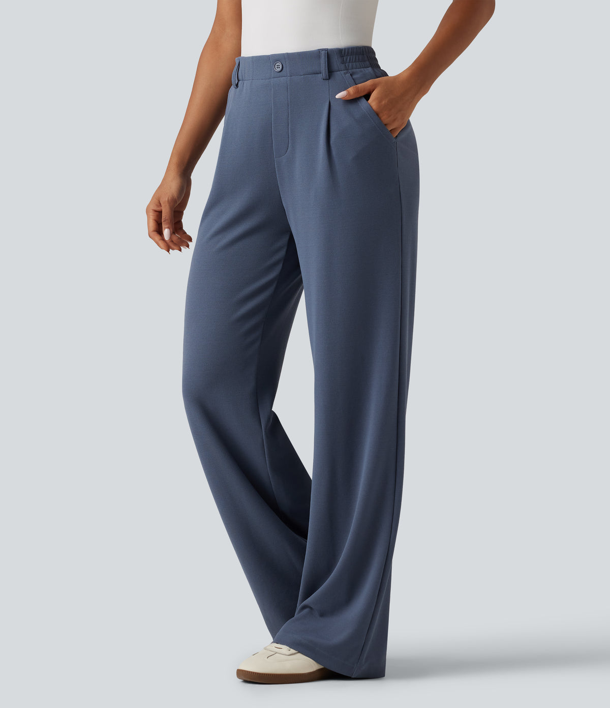 High Waisted Wide Leg Waffle Work Trousers with Pockets — Grisaille — view 3
