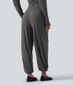 Mid Rise Drawstring Pleated Casual Joggers with Pockets — Darl Gray Floral Yarn — view 2