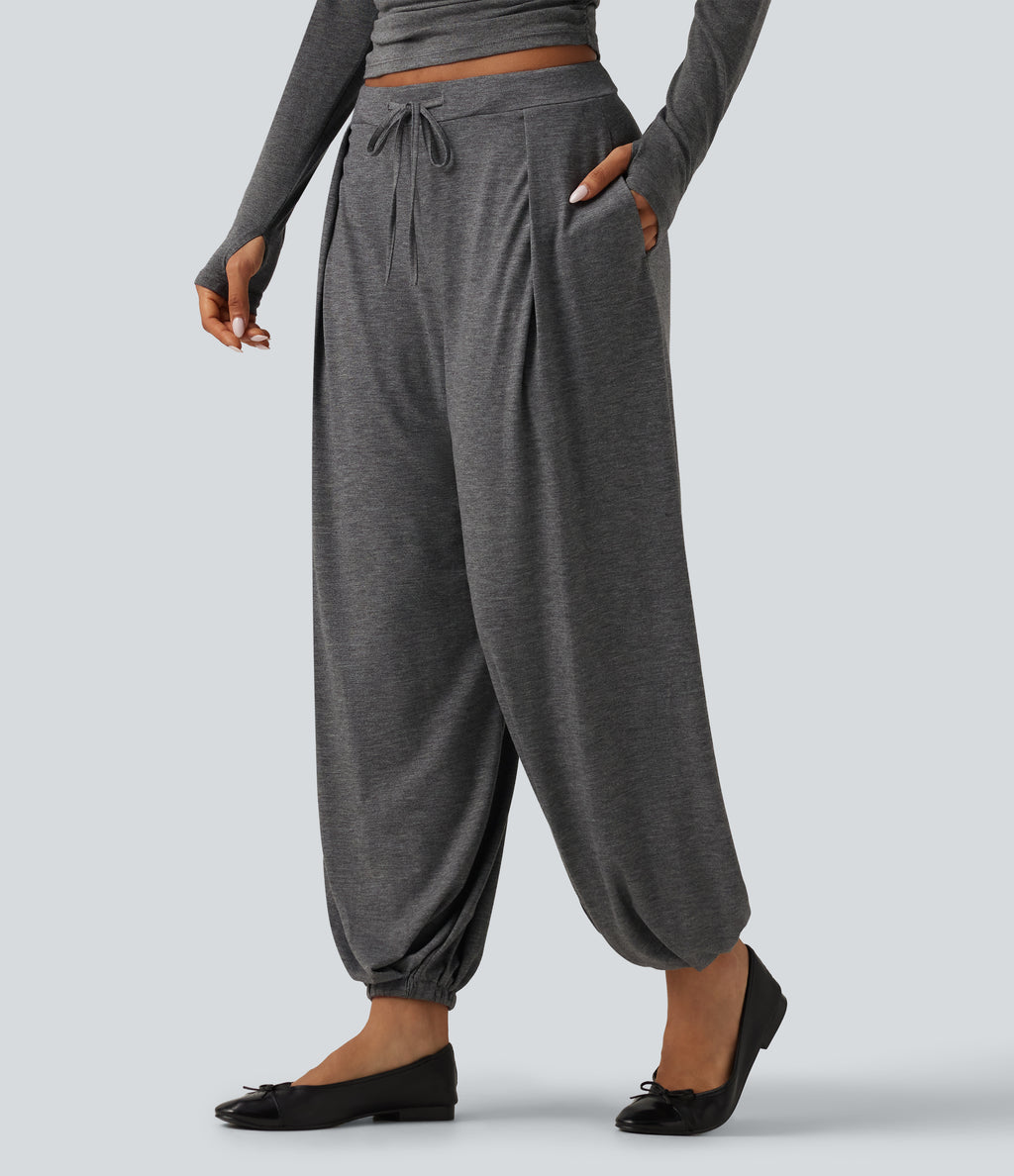 Mid Rise Drawstring Pleated Casual Joggers with Pockets — Darl Gray Floral Yarn — view 3