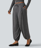 Mid Rise Drawstring Pleated Casual Joggers with Pockets — Darl Gray Floral Yarn — view 3