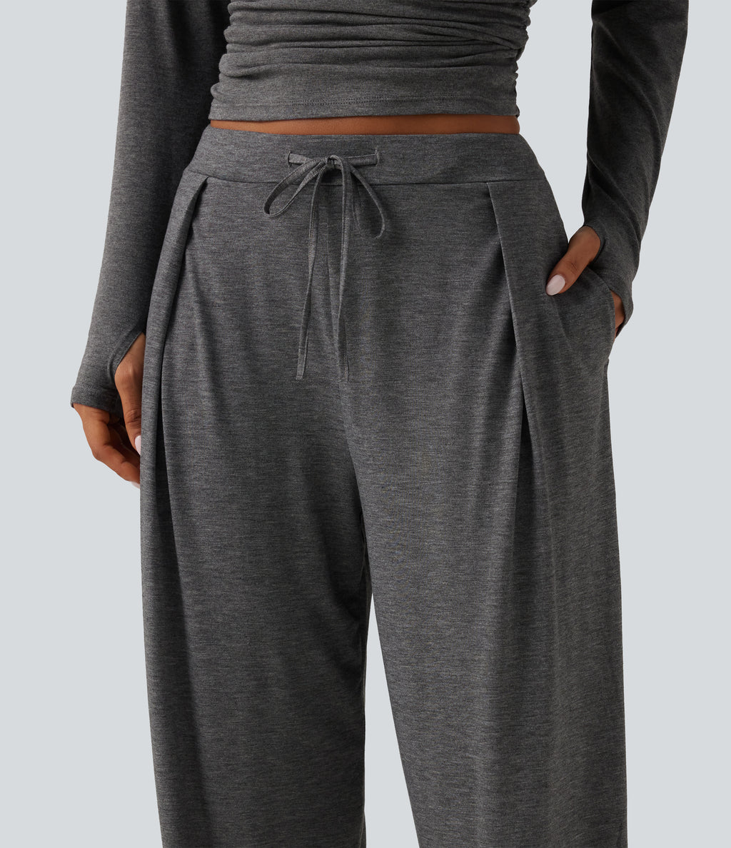 Mid Rise Drawstring Pleated Casual Joggers with Pockets — Darl Gray Floral Yarn — view 8