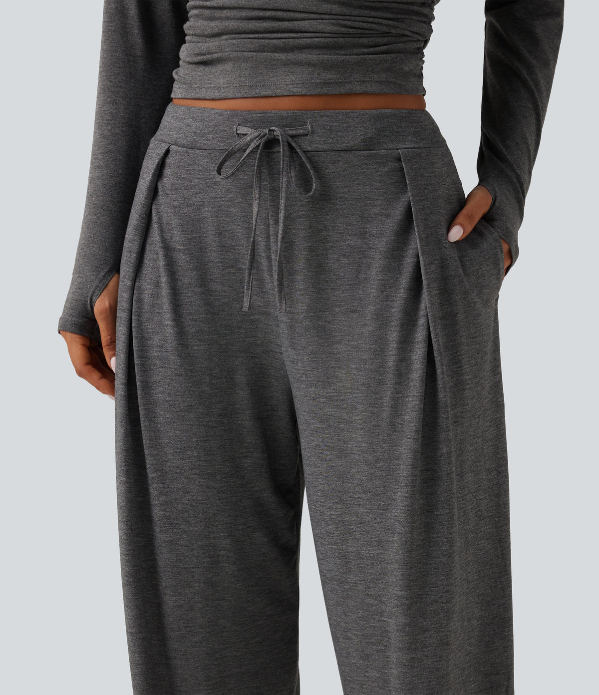 Mid Rise Drawstring Pleated Casual Joggers with Pockets — Darl Gray Floral Yarn — view 8