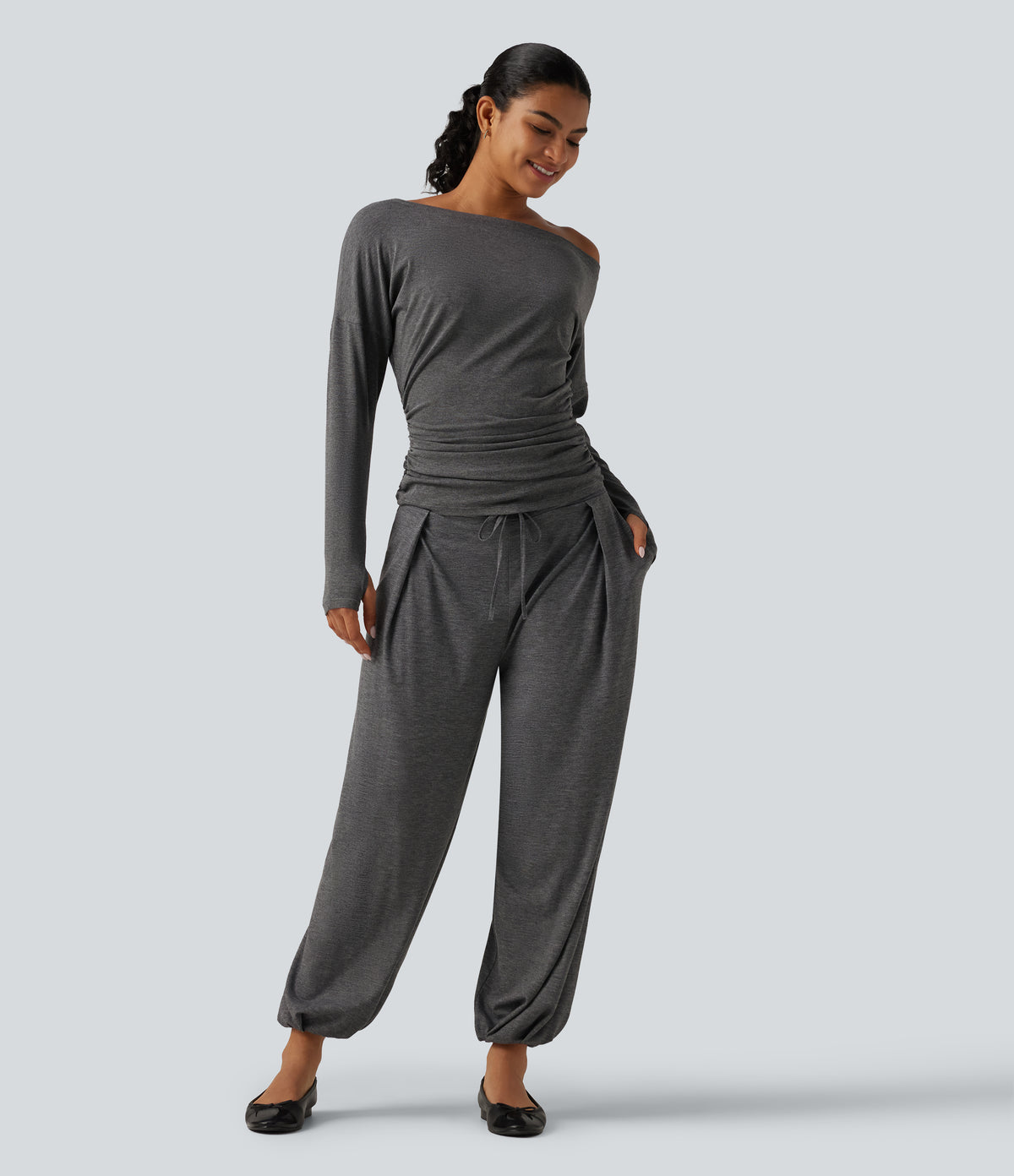 Mid Rise Drawstring Pleated Casual Joggers with Pockets — Darl Gray Floral Yarn — view 4