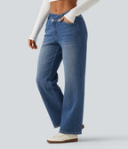 Mid Rise Asymmetric Straight Leg Fleece Casual Jeans with Pockets — Blue Jasper Denim — view 3