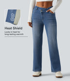 Mid Rise Asymmetric Straight Leg Fleece Casual Jeans with Pockets — Blue Jasper Denim — view 1