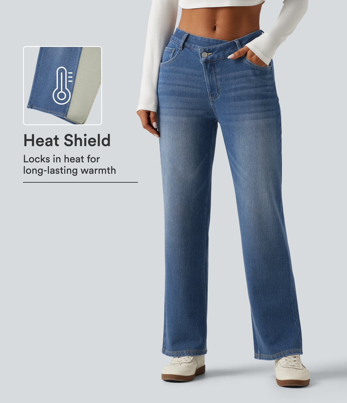 Mid Rise Asymmetric Straight Leg Fleece Casual Jeans with Pockets — Blue Jasper Denim — view 1