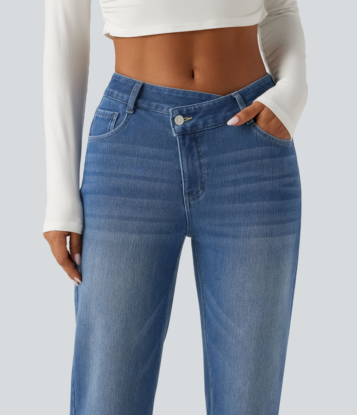 Mid Rise Asymmetric Straight Leg Fleece Casual Jeans with Pockets — Blue Jasper Denim — view 6