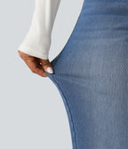 Mid Rise Asymmetric Straight Leg Fleece Casual Jeans with Pockets — Blue Jasper Denim — view 5