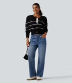 Mid Rise Asymmetric Straight Leg Fleece Casual Jeans with Pockets — Blue Jasper Denim — view 4