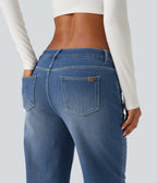 Mid Rise Asymmetric Straight Leg Fleece Casual Jeans with Pockets — Blue Jasper Denim — view 7