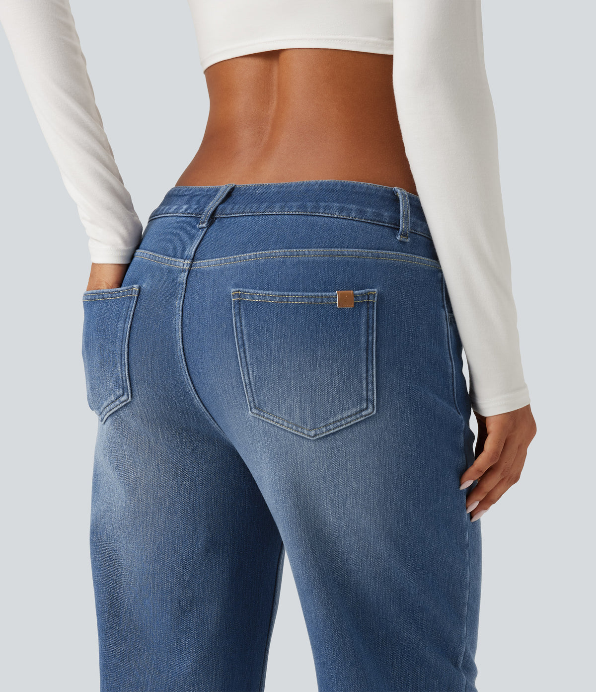 Mid Rise Asymmetric Straight Leg Fleece Casual Jeans with Pockets — Blue Jasper Denim — view 7