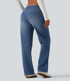 Mid Rise Asymmetric Straight Leg Fleece Casual Jeans with Pockets — Blue Jasper Denim — view 2